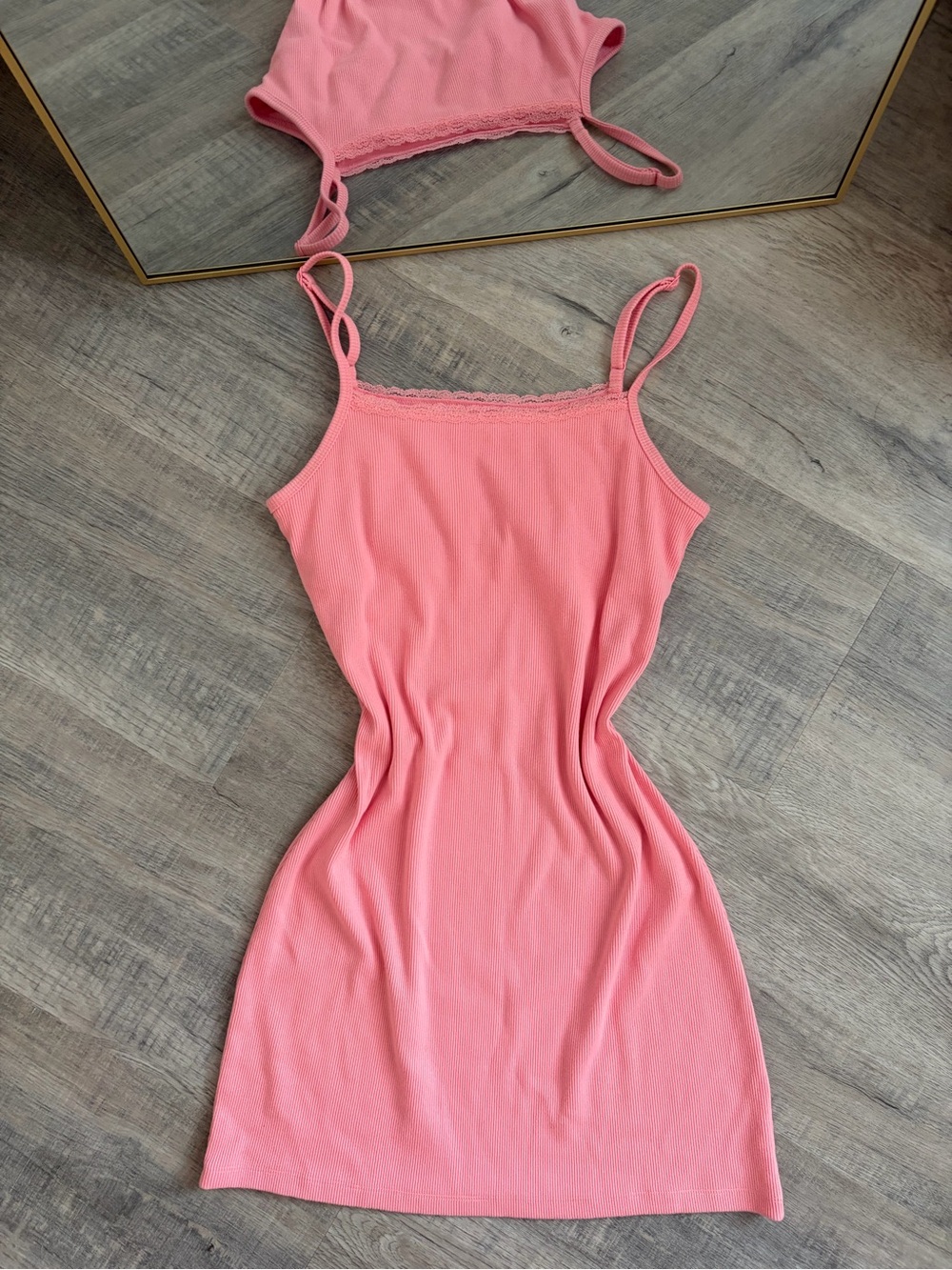 Aerie Coral Pink Ribbed Lace-Trim Cami Mini Dress size M